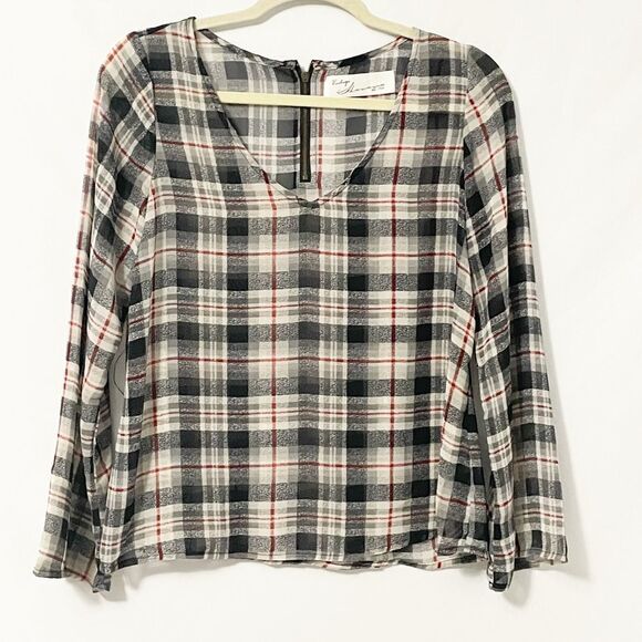 🟢Vintage Havana Plaid Semi Sheer V Neck Blouse Black Tan Red S - Picture 3 of 7